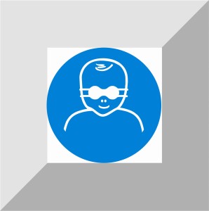 Naklejka nakaz ochrony oczu dzieci nieprzejrzystymi okularami ochronnymi